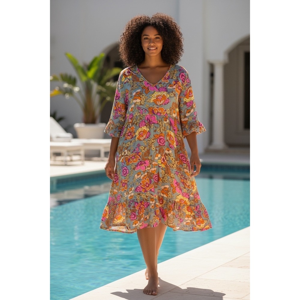 Retro Floral Boho Babydoll Midi Dress Pink Orange Blue Ruffle Bell Sleeve XL